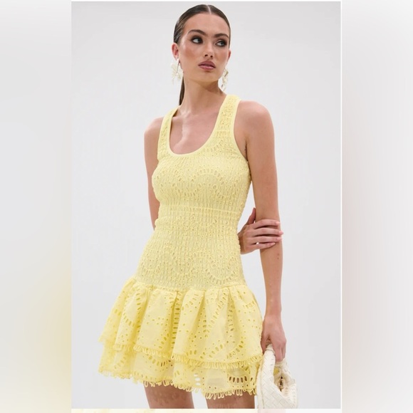 NWT AKIRA Sunny Yellow Lace Mini Dress with ruffles - Picture 2 of 6